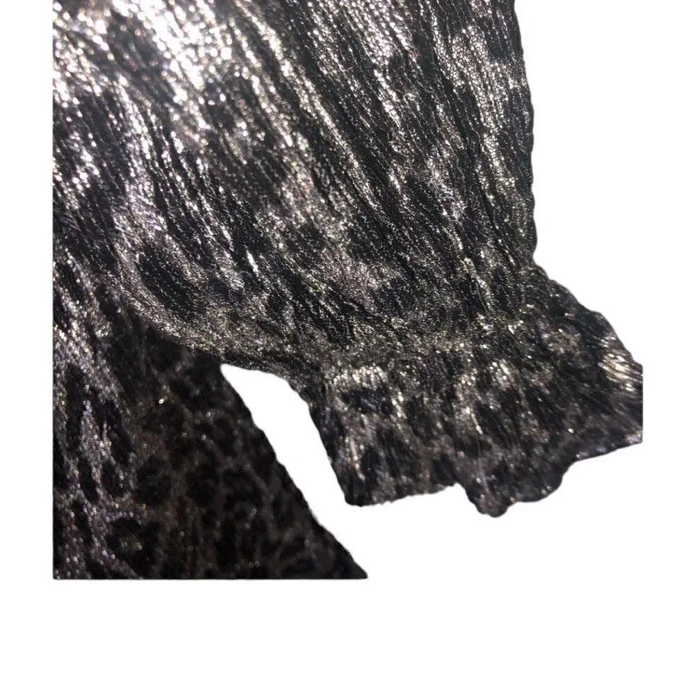 NWT MICHAEL KORS Animal Print Ruffle Off-Shoulder Long Sleeves Shinny Gray B…